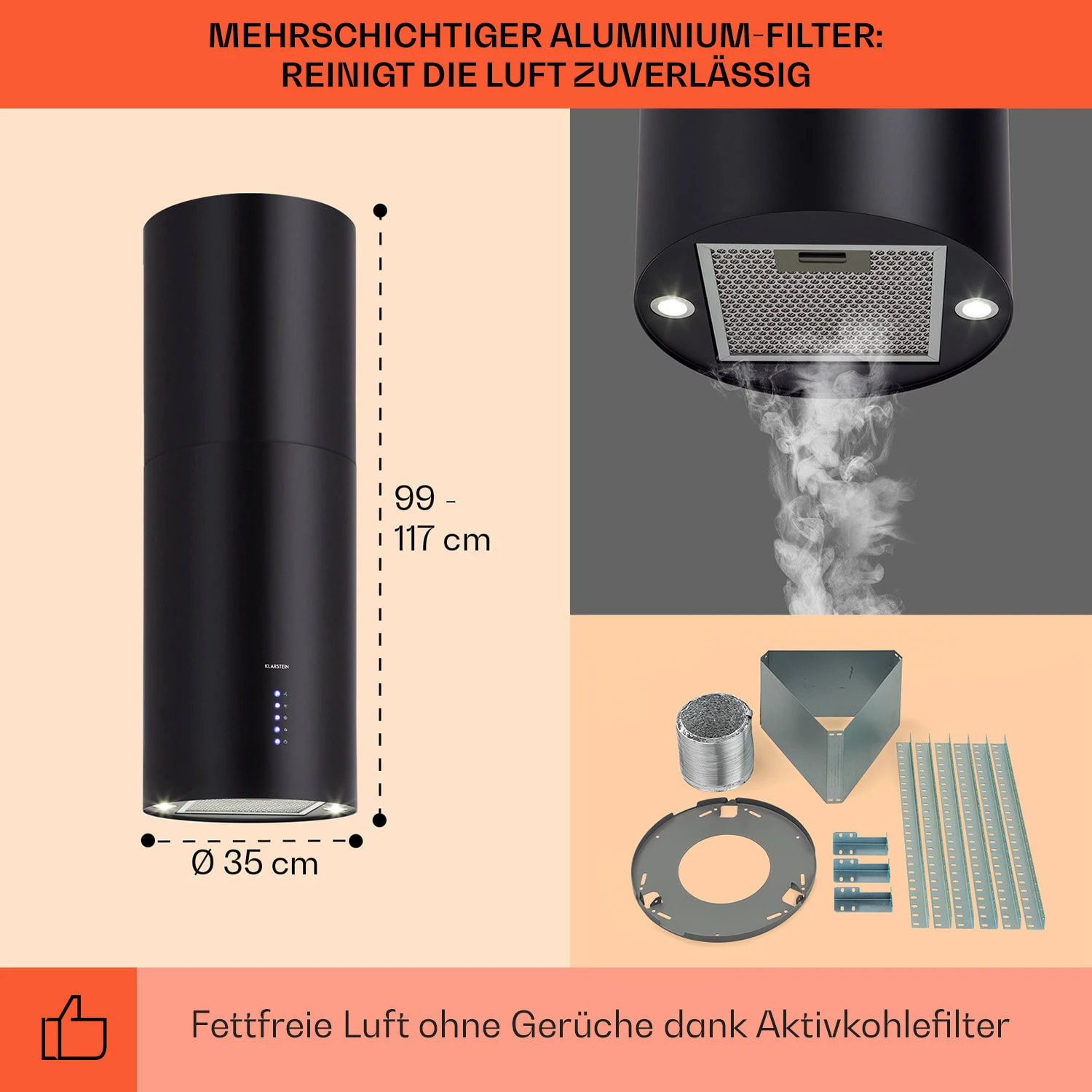 Beretta Inselabzugshaube Ø35cm 650m³/h LED Inkl. Aktivkohlefilter 5 Beretta Inselabzugshaube Ø35cm 650m³/h LED Inkl. Aktivkohlefilter – Bild 5